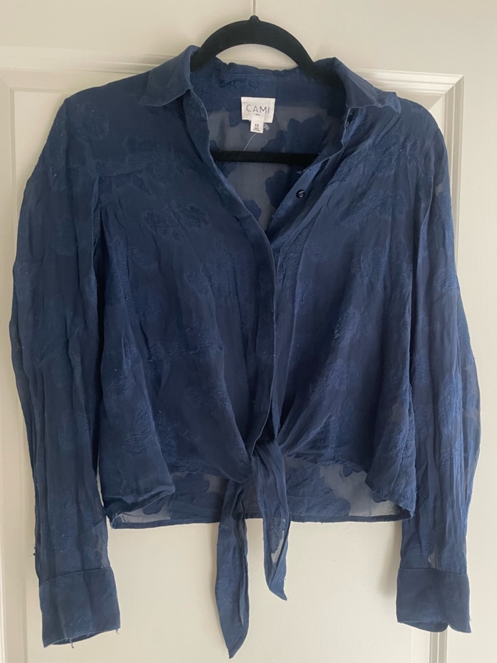 Cami NYC Navy Sheer Tie-Front Button Down Blouse